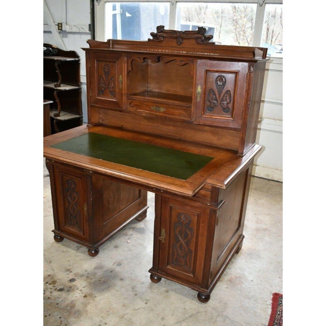 Victorian 1950s Large Leather Top Home Office Secretary Desk For Sale - Image 3 of 13