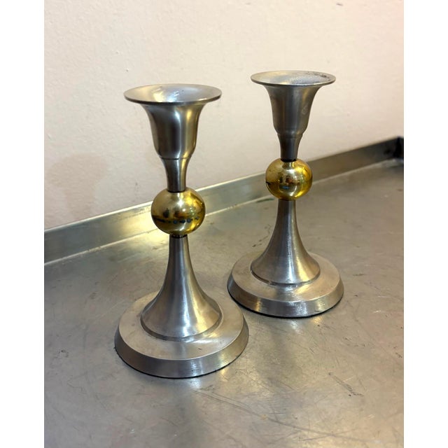 Mid-Century Modern Midcentury Silver Tone/Brass Ball Candle Holders For Sale - Image 3 of 3