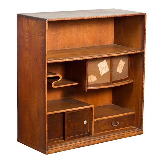 Early 20th Century Japanese Taishō Period Open Bookshelf Sliding Doors, Curvy Shelf & Drawer For Sale