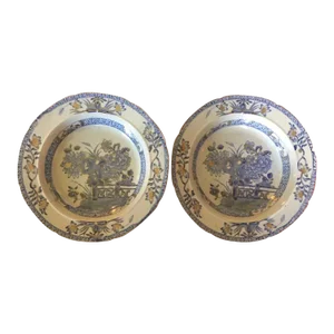 Antique Early 19th Century Mason's Patent Ironstone China Soup Bowl Plates Chinese Gate & Peony in Blue & White - a Pair