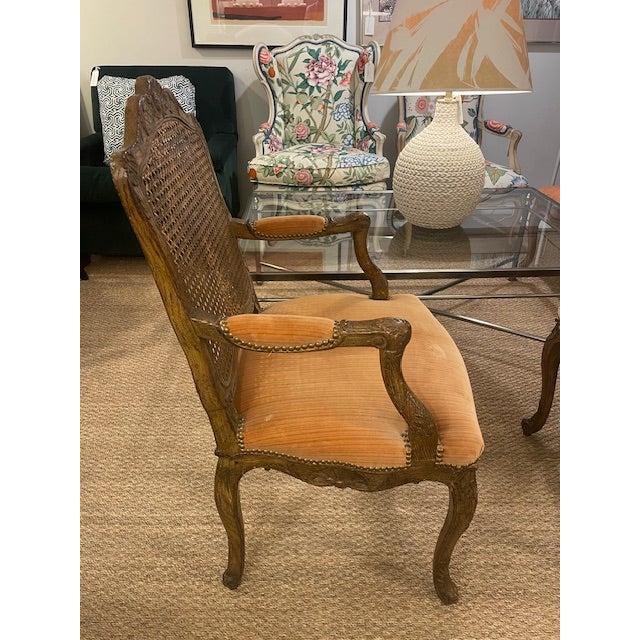 Pair of Velvet Upholstered French Cane Back Armchairs For Sale - Image 4 of 10