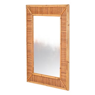 Large French Riviera Rectangular Mirror in Bamboo and Woven Rattan, 1970s For Sale