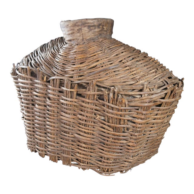 Early 20th Century Antique Chinese Woven Willow Oil Container Food Storage Basket Vessel Jar For Sale