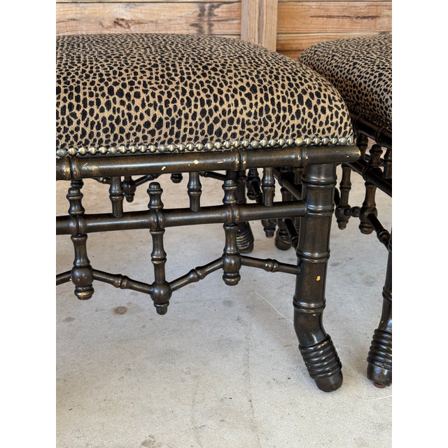Vintage Chinoiserie Faux Bamboo Fretwork Ottomans With Leopard Upholstery-Pair For Sale - Image 9 of 12