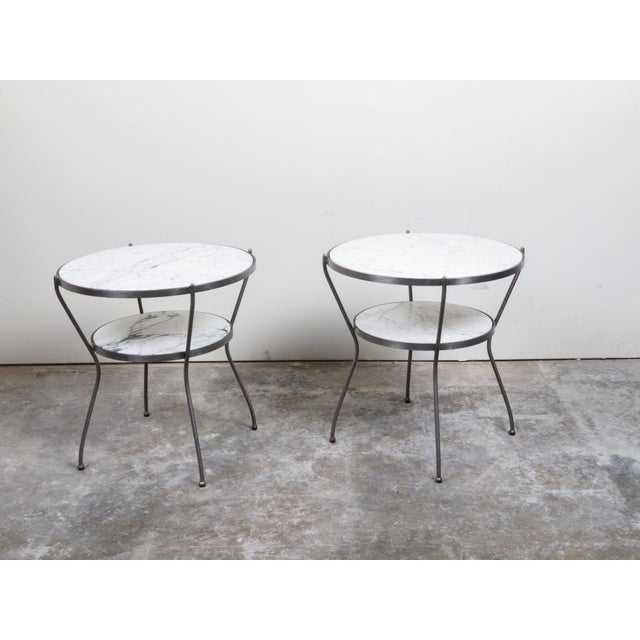 Pair of Italian Midcentury Steel Side Tables with Marble Tops and Shelves For Sale - Image 10 of 11