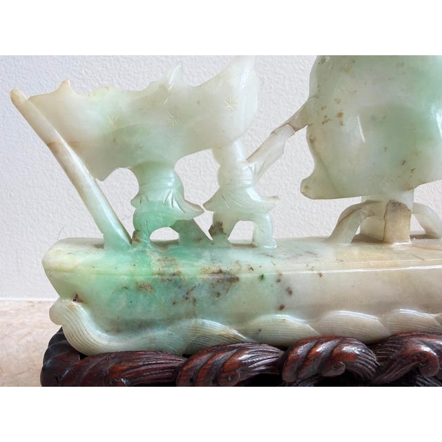 Wood Antique Chinese Qing Heavy Jadeite Jade Boat Smooth Sailing Figurines W/ Stand For Sale - Image 7 of 12