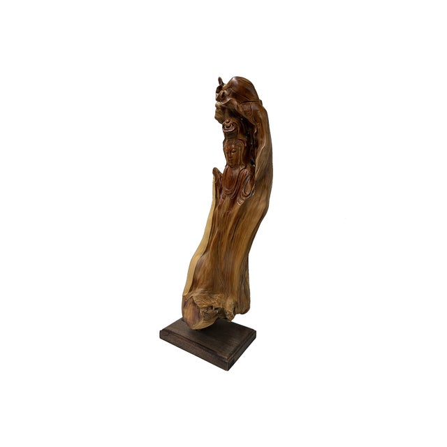 2010s Chinese Cypress Wood Carved Bodhisattva Kwan Yin Tara Statue For Sale - Image 5 of 10