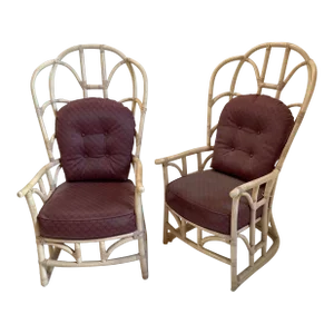 1970s Vintage Tall Back Bamboo Wing Chairs - a Pair