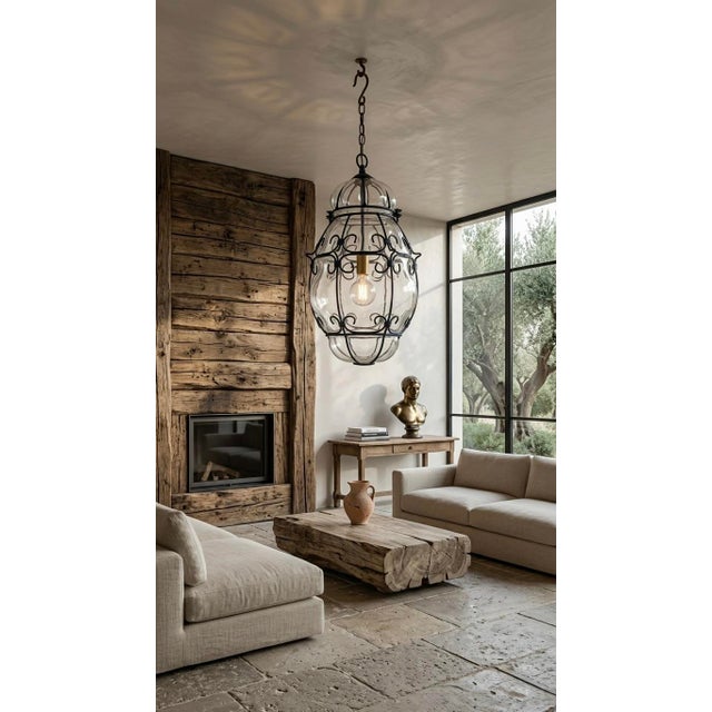 Rustic Large Mid-Century Italian Rustic White Glass & Wrought Iron Pendant Light For Sale - Image 3 of 4