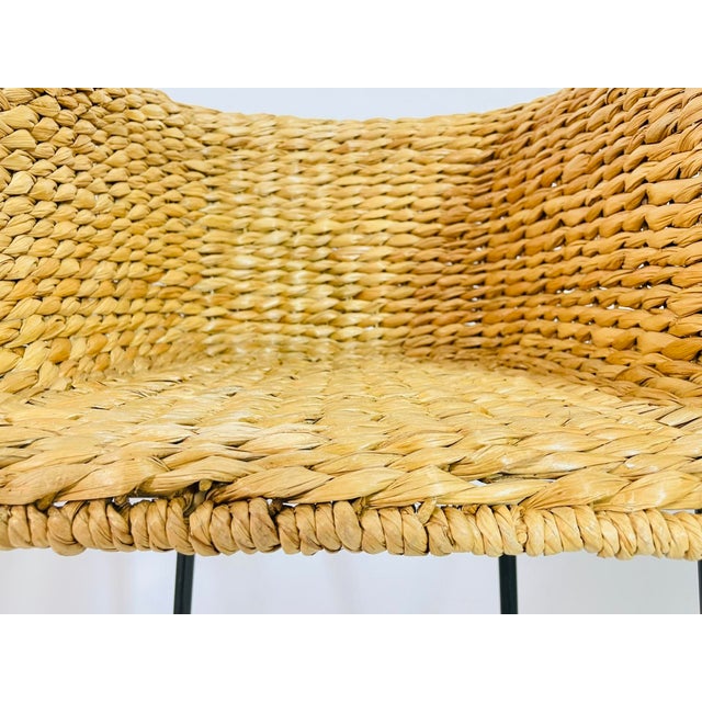 Metal Set of Three Woven Water Hyacinth and Black Metal Frame Barstools For Sale - Image 7 of 12
