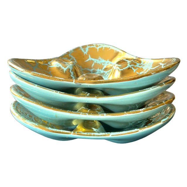 Mid Century Crackled Gold Gilding Over Turquoise Blue Glaze Triangular Ceramic Ashtrays - Set of Four For Sale In Jacksonville, FL - Image 6 of 11