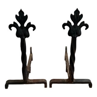 Midcentury Pair of French Fleur-De-Lis Cast Iron Fireplace Andirons For Sale