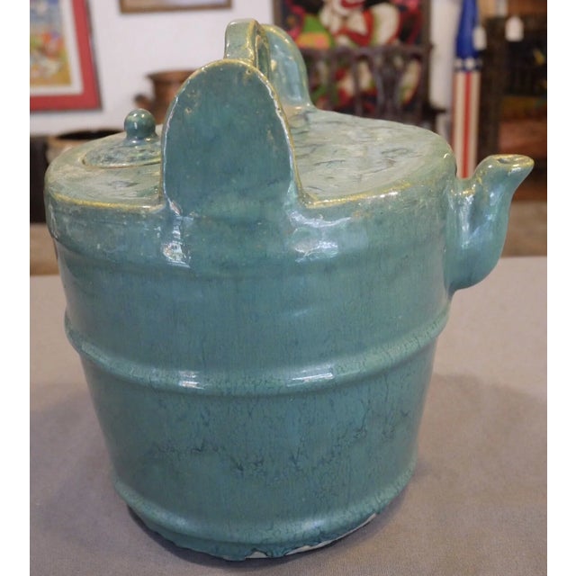 Chinese Early 20th Century Chinese Emerald Green Glazed Shiwan Pottery Well Bucket Form Water Pot For Sale - Image 3 of 8