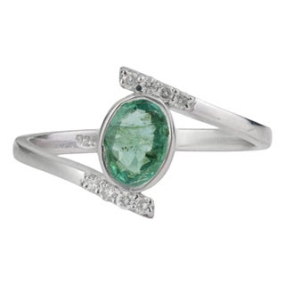 Certified Solitaire Zambian Emerald & Diamond Ring in 925 Sterling, Size 7 For Sale
