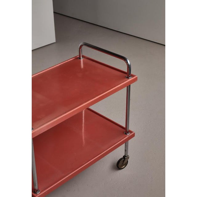 1930s Functionalist Scandinavian Red Lacquered Steel Tube and Wood Serving Cart, 1930s For Sale - Image 5 of 18