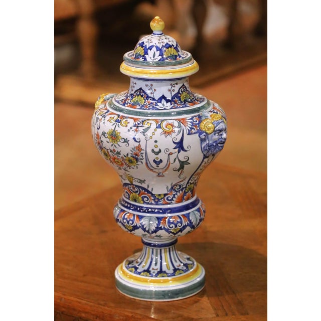 19th Century French Rouen Revival Faience Covered Urn With Ram Masks For Sale - Image 4 of 11