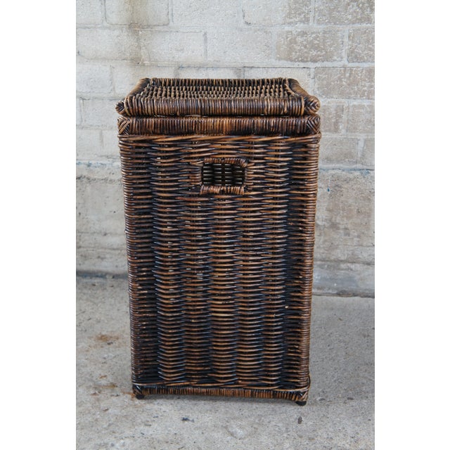 Vintage Boho Chic Wicker Rattan Laundry Hamper Basket Handles For Sale - Image 9 of 10