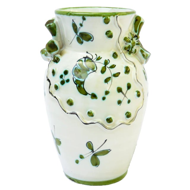 Striking Mediterranean pottery vase with a central figure of a bird, bamboo type handles on each side, and a wonderful...