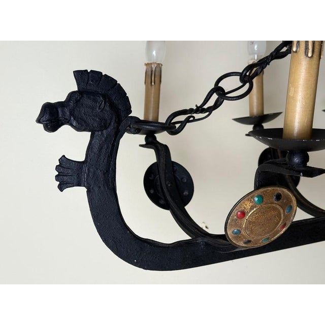 Black Art Deco Cast Iron Viking Longboat Chandelier, 1940s For Sale - Image 8 of 18