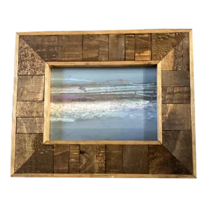 1970’s Vintage Small Abstract Seascape Pastel Drawing Inlaid Rough Wood Tabletop Frame