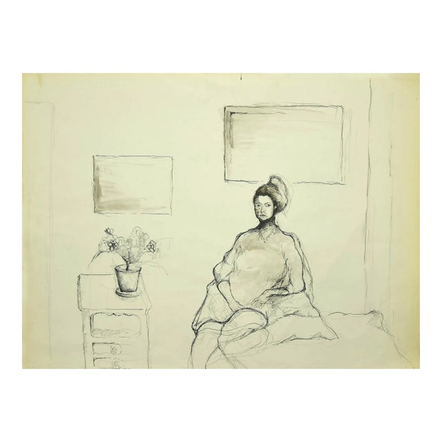 Burt Riley, Girl in a Room, 20th Century, Original China Ink Drawing For Sale