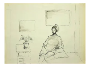 Burt Riley, Girl in a Room, 20th Century, Original China Ink Drawing