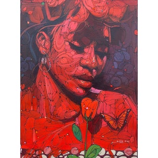 Roses Are Not Only Red by Ifeoluwa Alade | Acrylic on canvas Woman with roses and a butterfly. For Sale