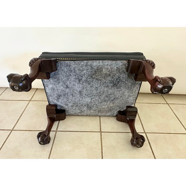 1960s Vintage Slate Blue Leather Ottoman, Chippendale Footstool, Brass Nailhead Trim, Claw Ball Feet For Sale - Image 5 of 5