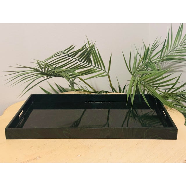 Mid-Century Modern Vintage MidCentury Wood Lacquer Malachite Pattern Barware Serving Tray For Sale - Image 3 of 8