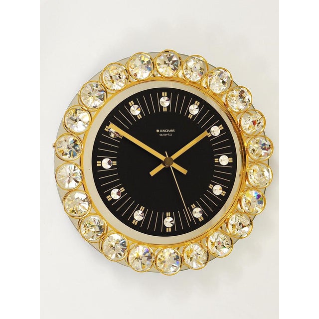 German Hollywood Regency Golden Wall Clock in Gilt with Crystals by Junghans, 1970s For Sale - Image 4 of 15