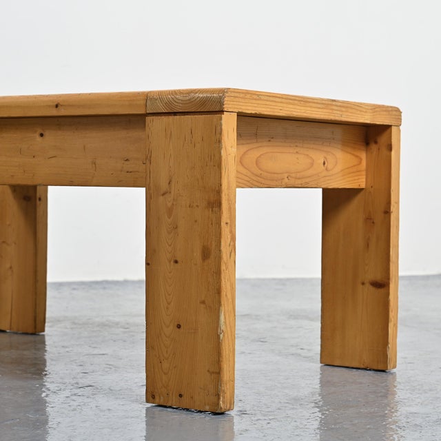 Charlotte Perriand's selection for Les Arcs 1800. Square coffee table in solid pine, created for the Les Arcs ski resort...