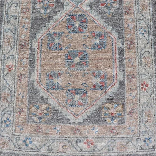 Floral Medallion Oushak Runner With Tribal Motifs and on a Gray Background For Sale - Image 10 of 13