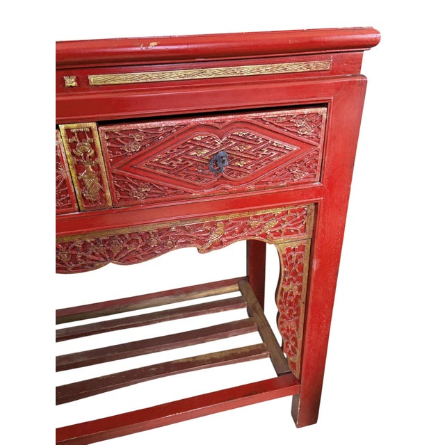 Vintage Chinoiserie Red Lacquer Console Table 33.5" W For Sale - Image 9 of 12