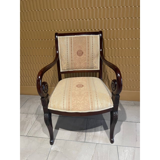 Late 20th Century Empire Revival Faiteuil Carved Mahogany & Brocade Armchair For Sale - Image 9 of 11