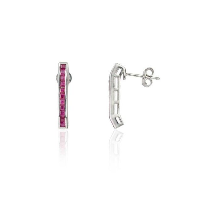 Art Deco Natural Ruby Gemstone Bar Stud Earrings in 925 Silver- A Pair For Sale - Image 3 of 12