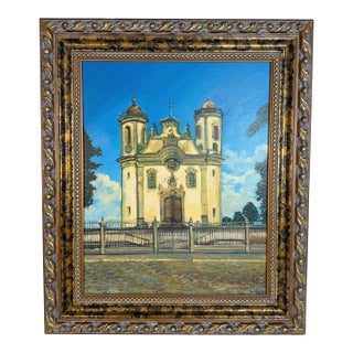 Vintage Spanish Colonial Church Oil Painting in Ornate Gilt Frame For Sale
