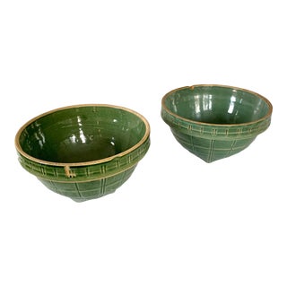 Antique Nelson McCoy Green Windowpane Mixing Bowls Square Base 9 Shield No4- Set of 2 For Sale