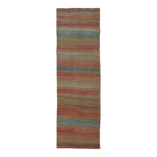 Vintage Turkish Kilim Runner With Stripes in Orange, Taupe, Tan, Cream & Blue For Sale