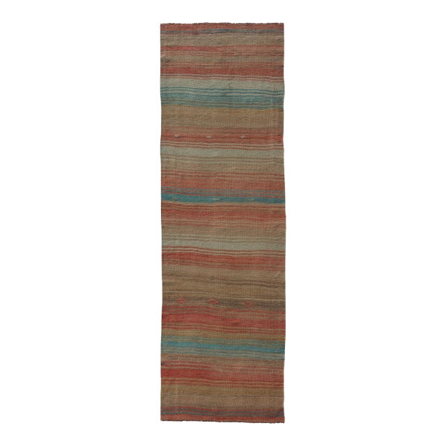 Vintage Turkish Kilim Runner With Stripes in Orange, Taupe, Tan, Cream & Blue For Sale