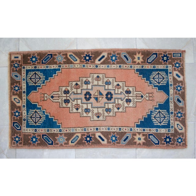Front of Kitchen Sink Rug Hand Made Small Turkish Rug Bath Mat Faded Mini Rugs 2'2" X 3'10" For Sale - Image 13 of 14