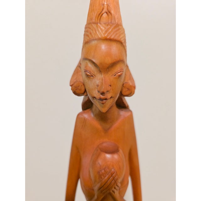 Large 22" Mid-Century Balinese Art Deco Elongated Maiden With Water Vessel Masterwork Sculpture For Sale - Image 9 of 12