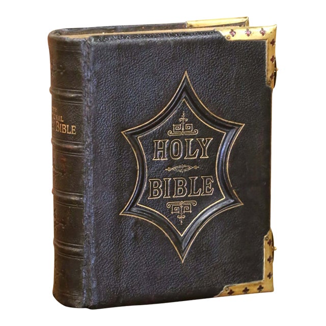 19th Century English Leather-Bound Illustrated Family Bible With Brass Mounts For Sale
