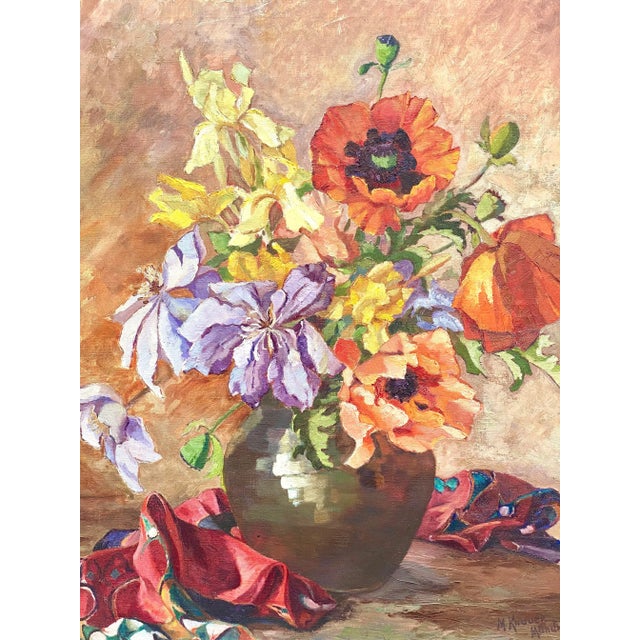 A stunning vintage original floral oil painting, beautifully capturing a vibrant bouquet of poppies, clematis, and garden...