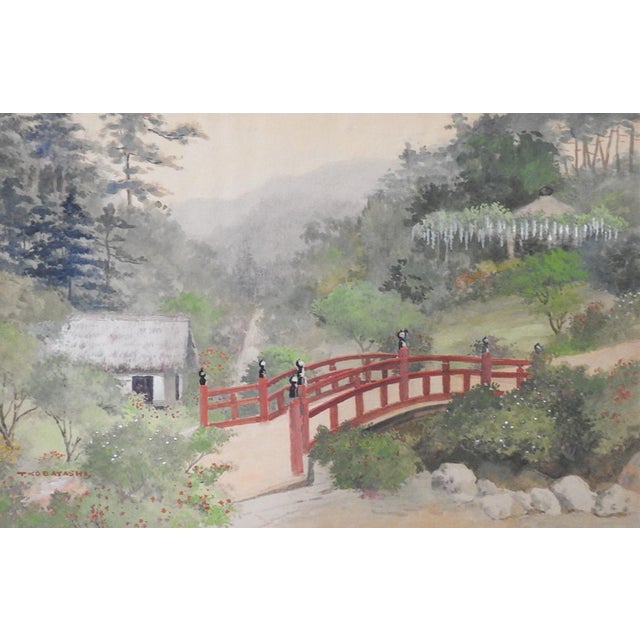 Early 20th century pair of watercolor on paper lake side landscape and bridge paintings by Kobayashi Tokusaburo...