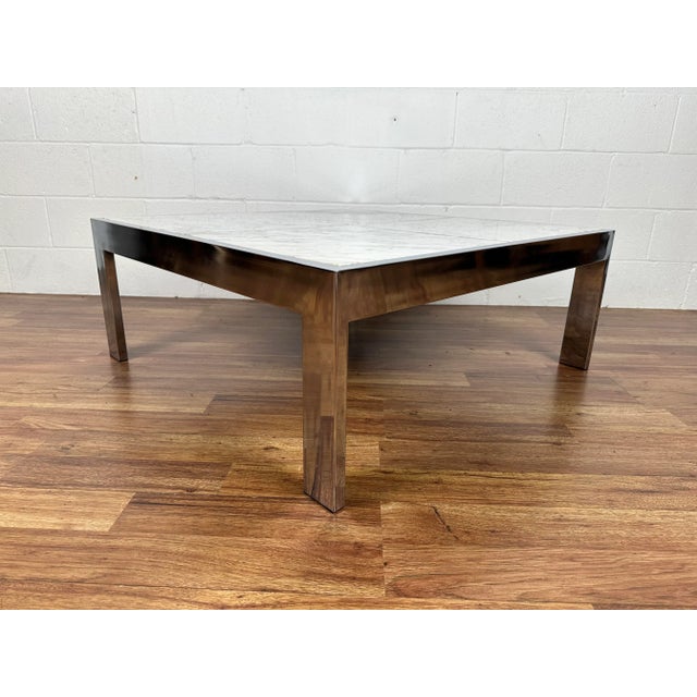 Stone 1970s Chrome & White Modern Marble Coffee Table Attributed to the Pace Collection For Sale - Image 7 of 12