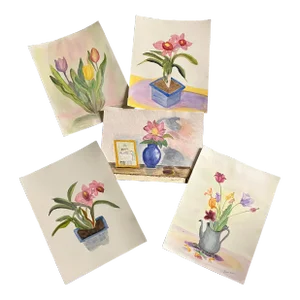 1970’s Gallery Wall Collection 5 Impressionist Floral Still Life Watercolor Paintings -Set of 5