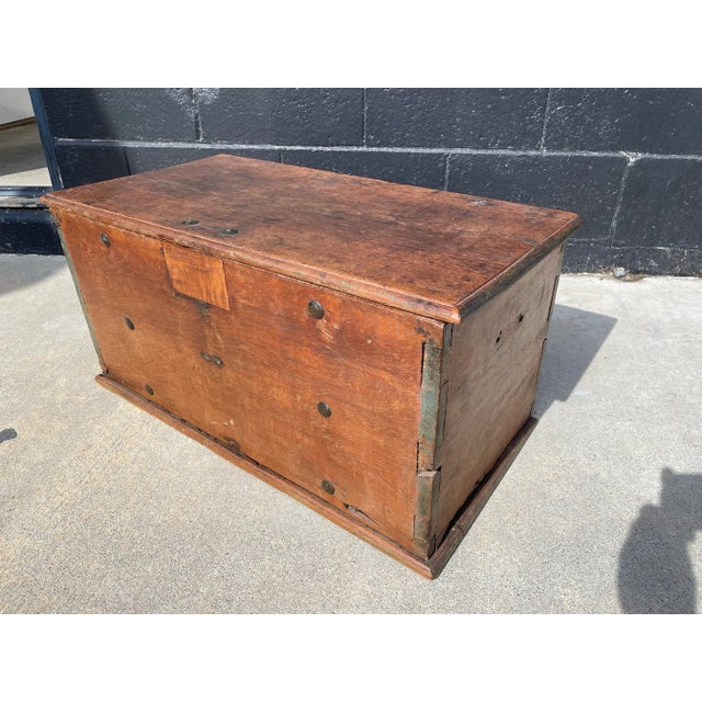 Early 19th Century Primitive Petite Handcrafted Wood Chest With Iron Hardware, Nailhead Details & Aged Paint For Sale - Image 4 of 5