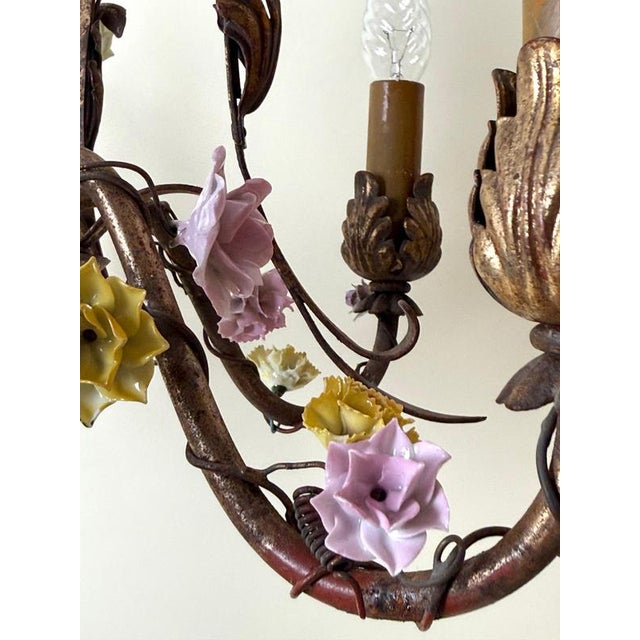 Italian Gilt Iron Five-Light Chandelier with Porcelain Flowers, 1930 For Sale - Image 13 of 18