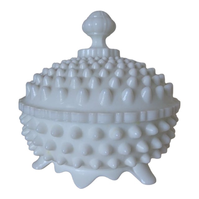 Vintage Fenton White Hobnail Milk Glass Covered Footed Bowl For Sale