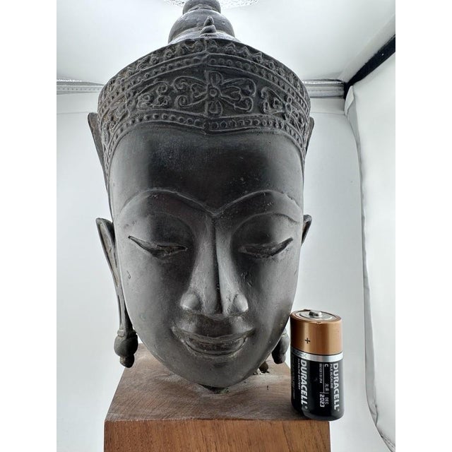 Asian Antique Vintage Bronze Crowned Buddha Head in Thai Ayutthaya Style. Wood Base Sculpture For Sale - Image 3 of 11